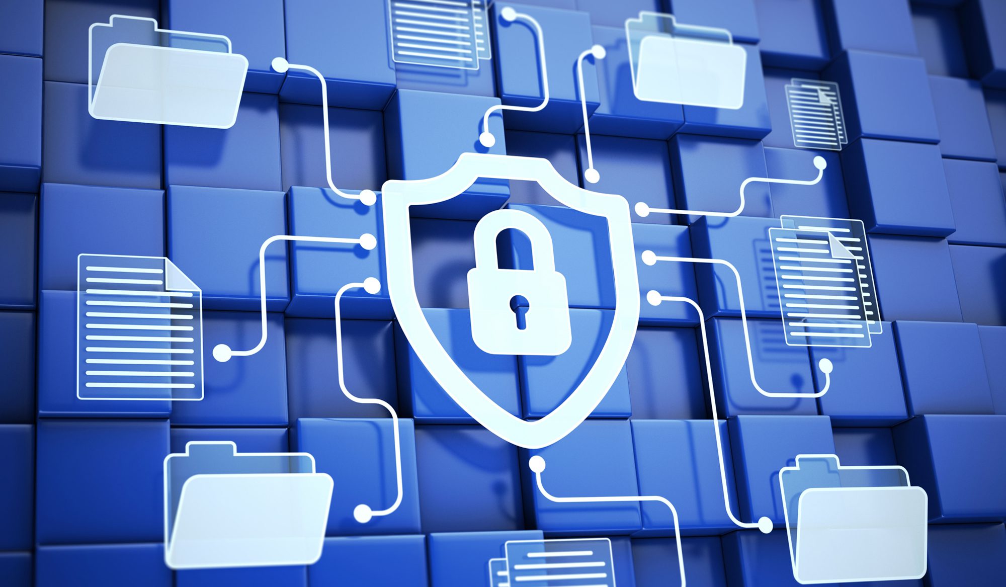 Digital security concept with lock and file icons on a blue geometric background.