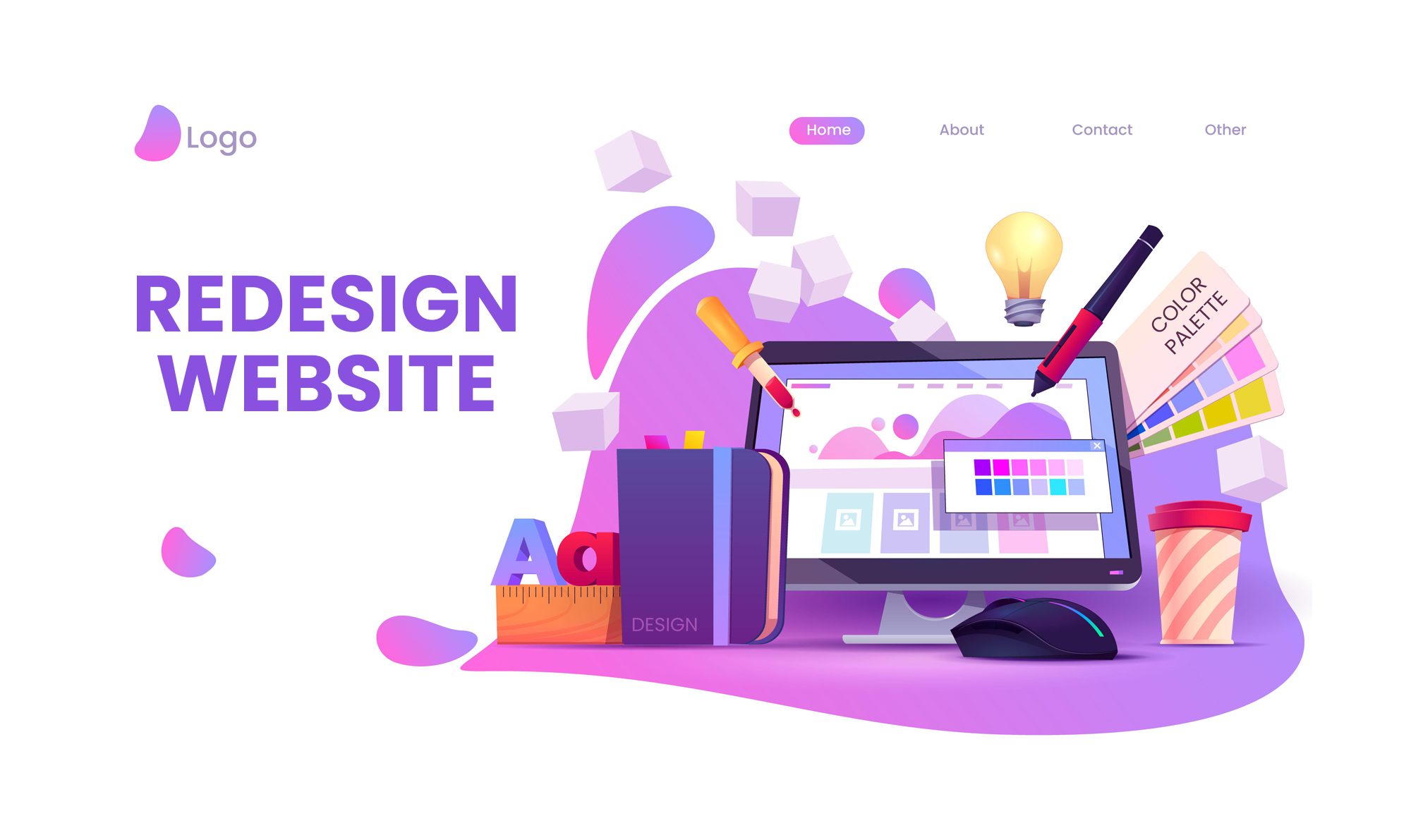 Redesign website concept with computer and color tools in creative illustration.