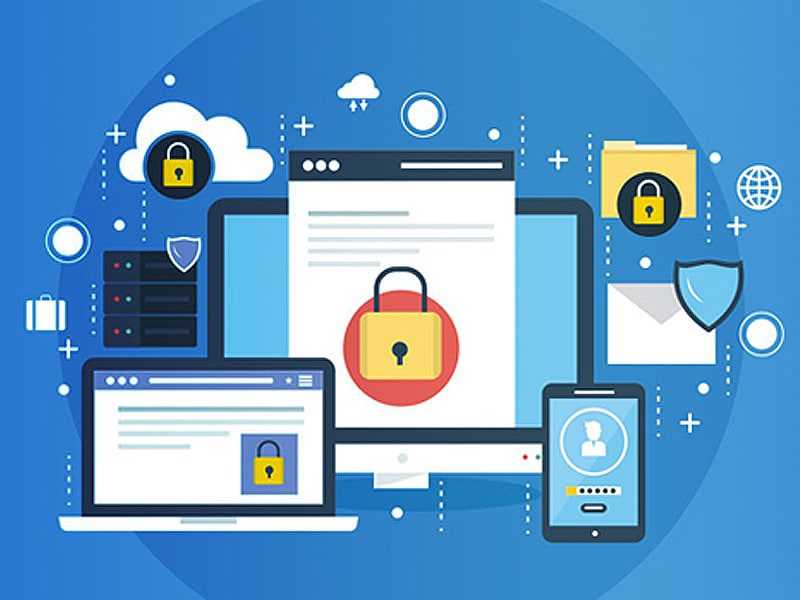Web Design Security concept with digital padlock on blue background in Singapore.