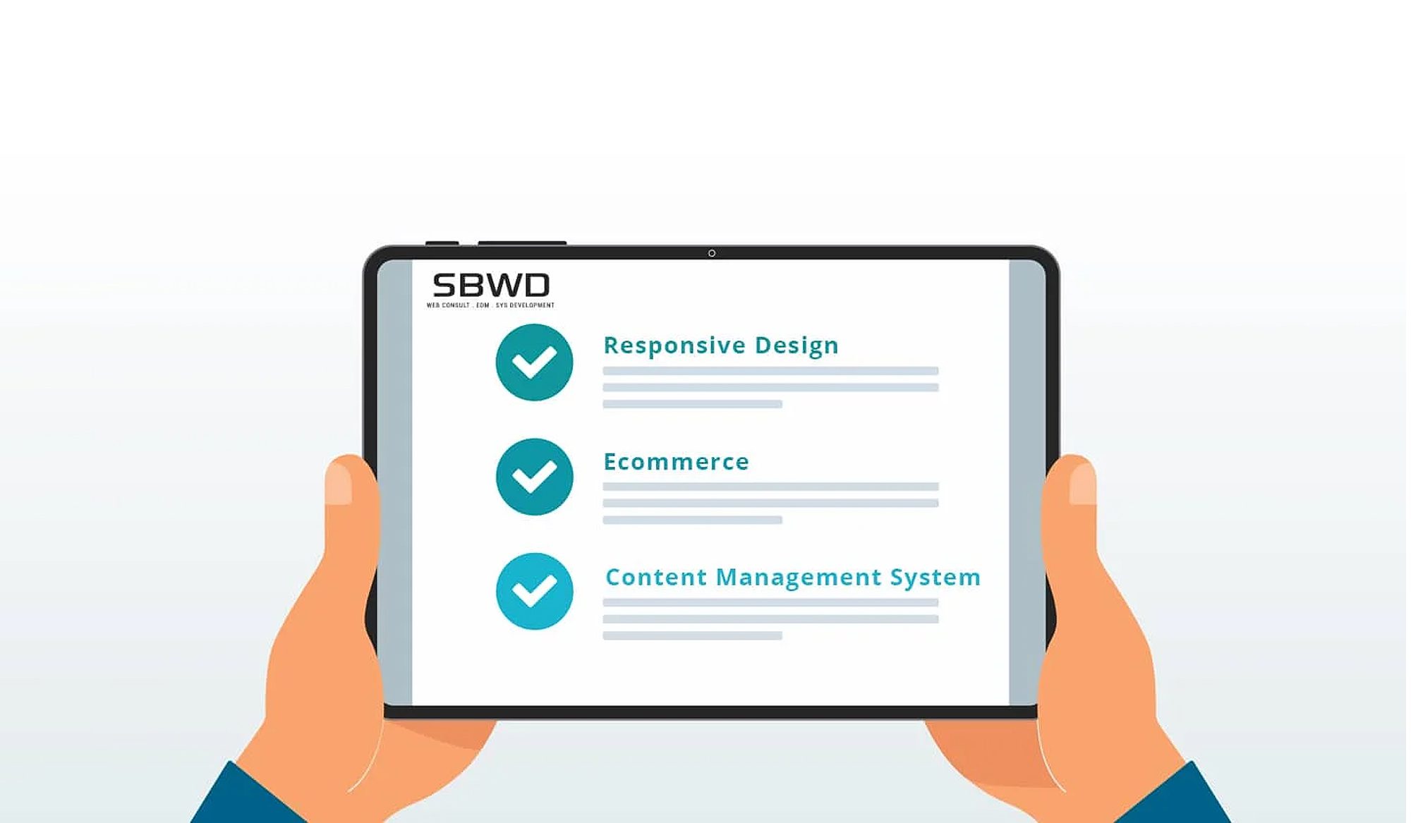 Person holding a tablet displaying web design services and features.