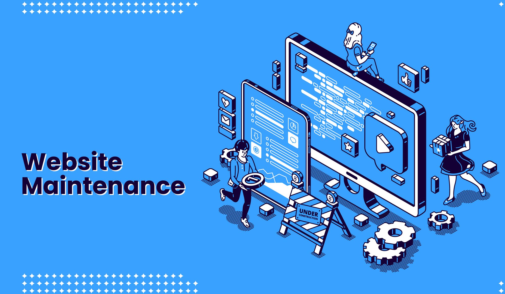 Illustration of animated characters managing website maintenance tasks.