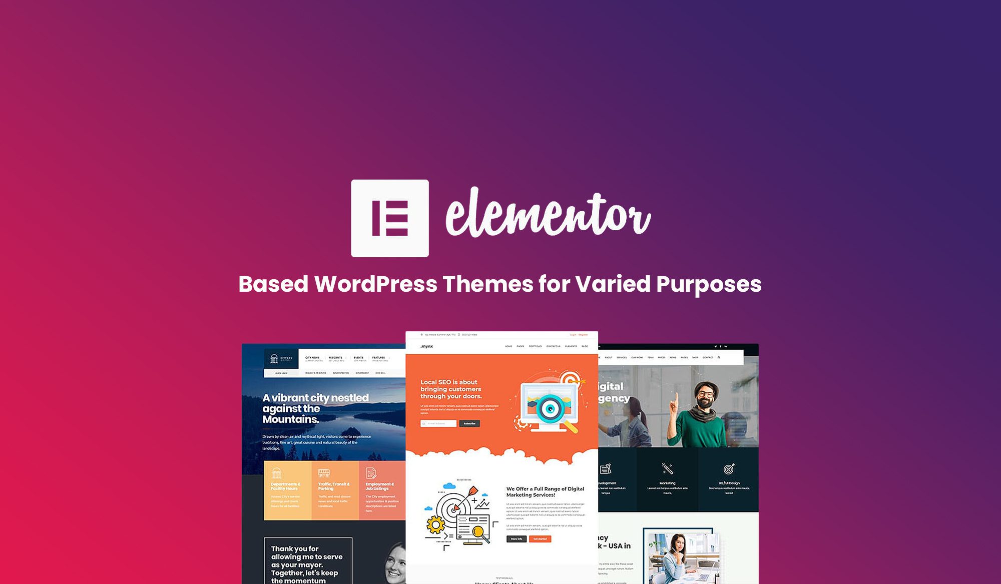 WordPress themes for diverse uses on a vibrant gradient background.