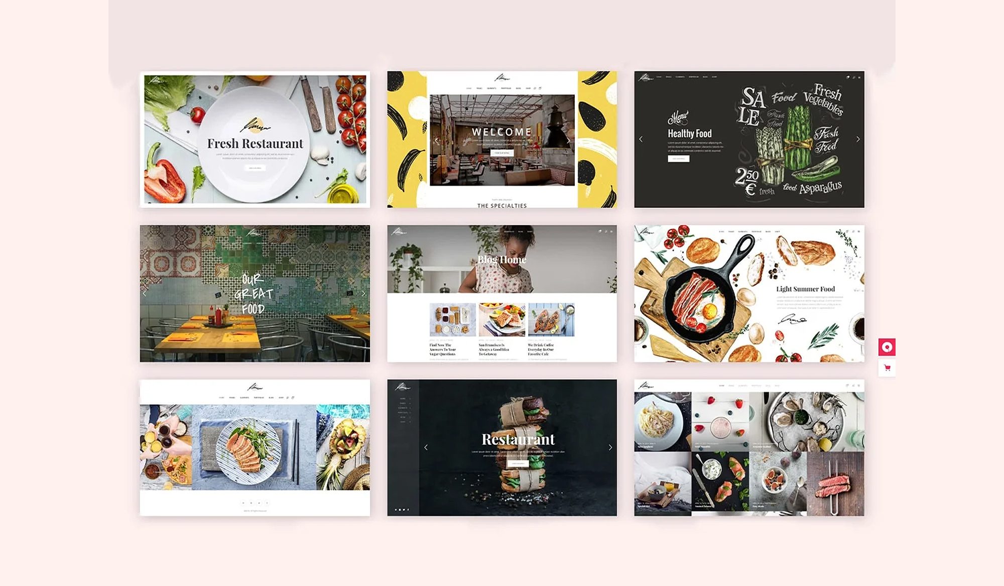 Creative web design templates showcasing diverse culinary themes.