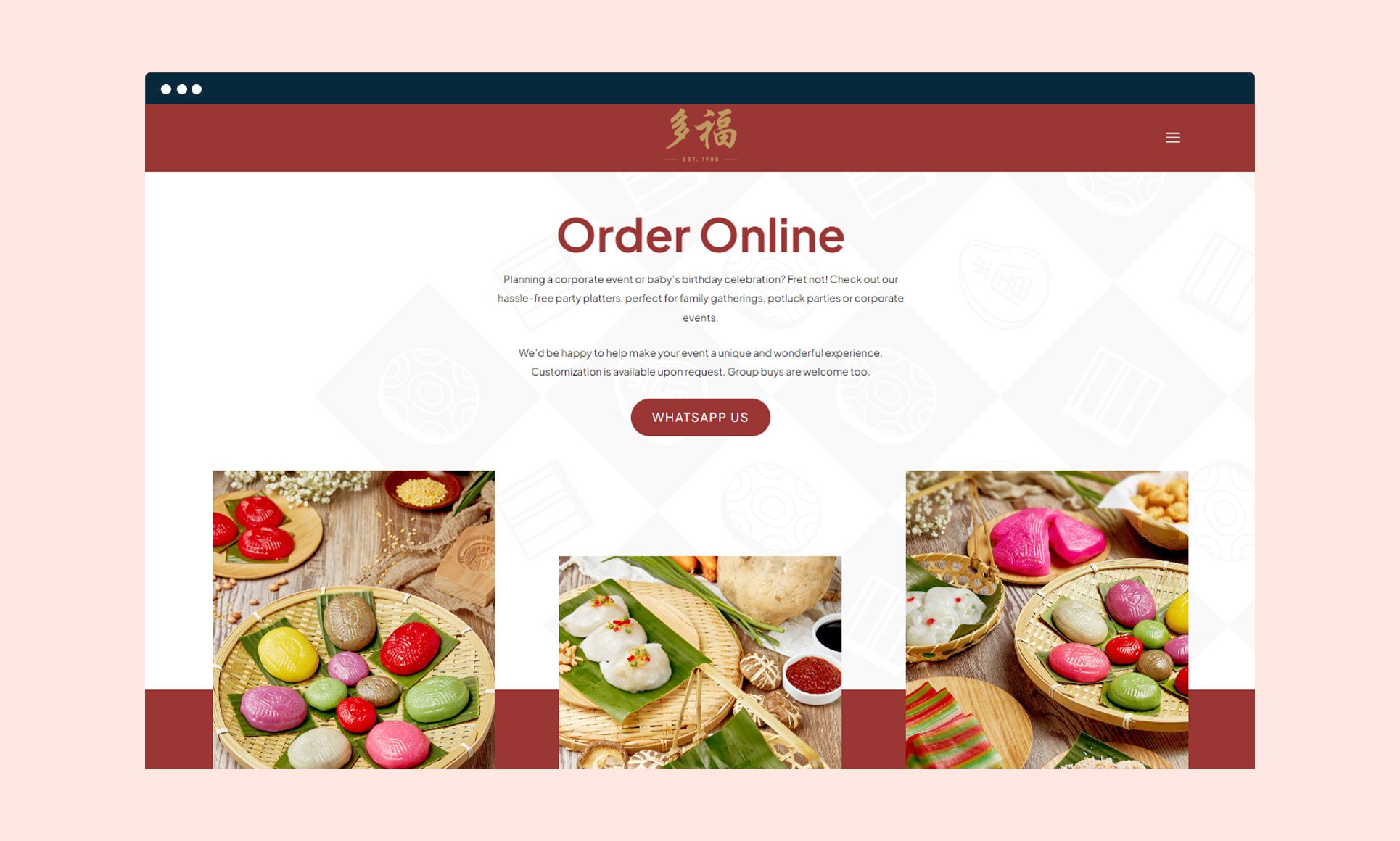 Website design for ordering colorful platters for events in Singapore.