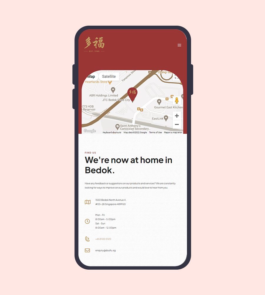 Mobile view of a web page showing location details for a business in Bedok.