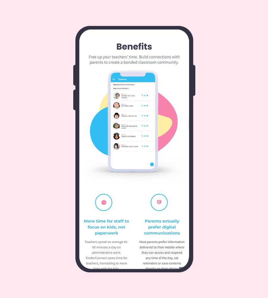 Mobile app interface showcasing benefits of classroom communication platform.