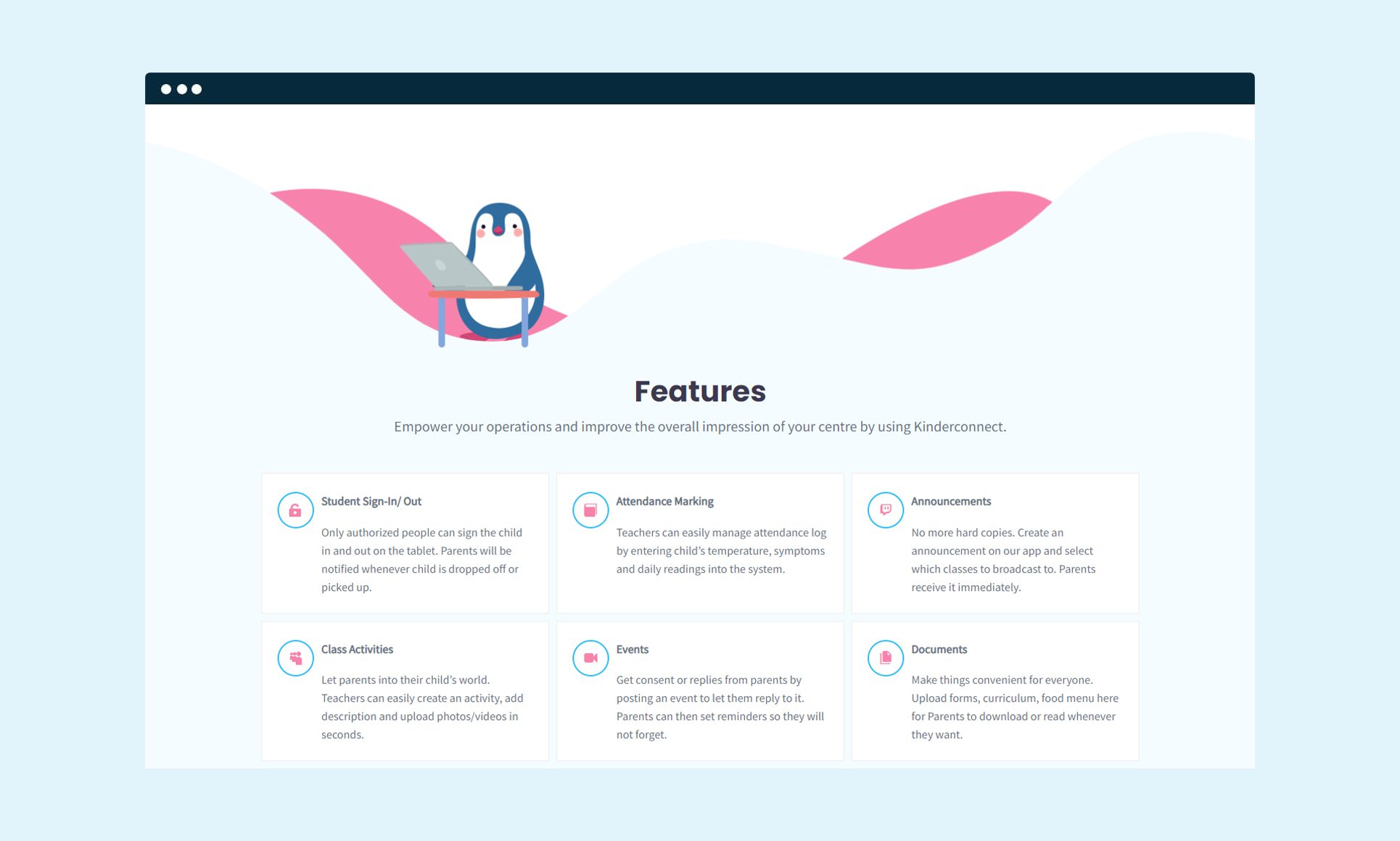 Website features page for enhancing operations using Kinderconnect.