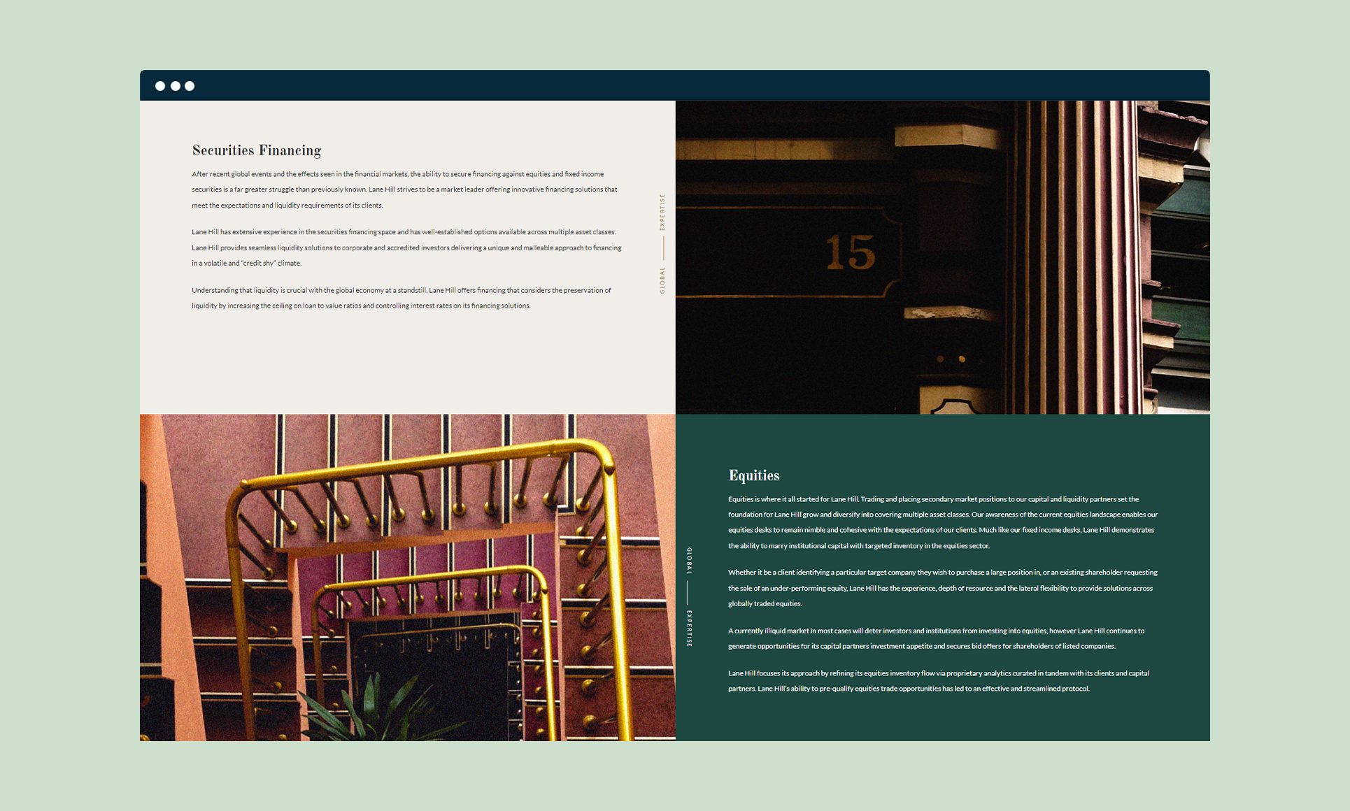 Web page showcasing securities financing and equities services with architectural imagery.