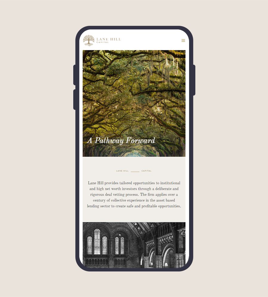 Mobile view of a web design featuring a forest path and architectural details.