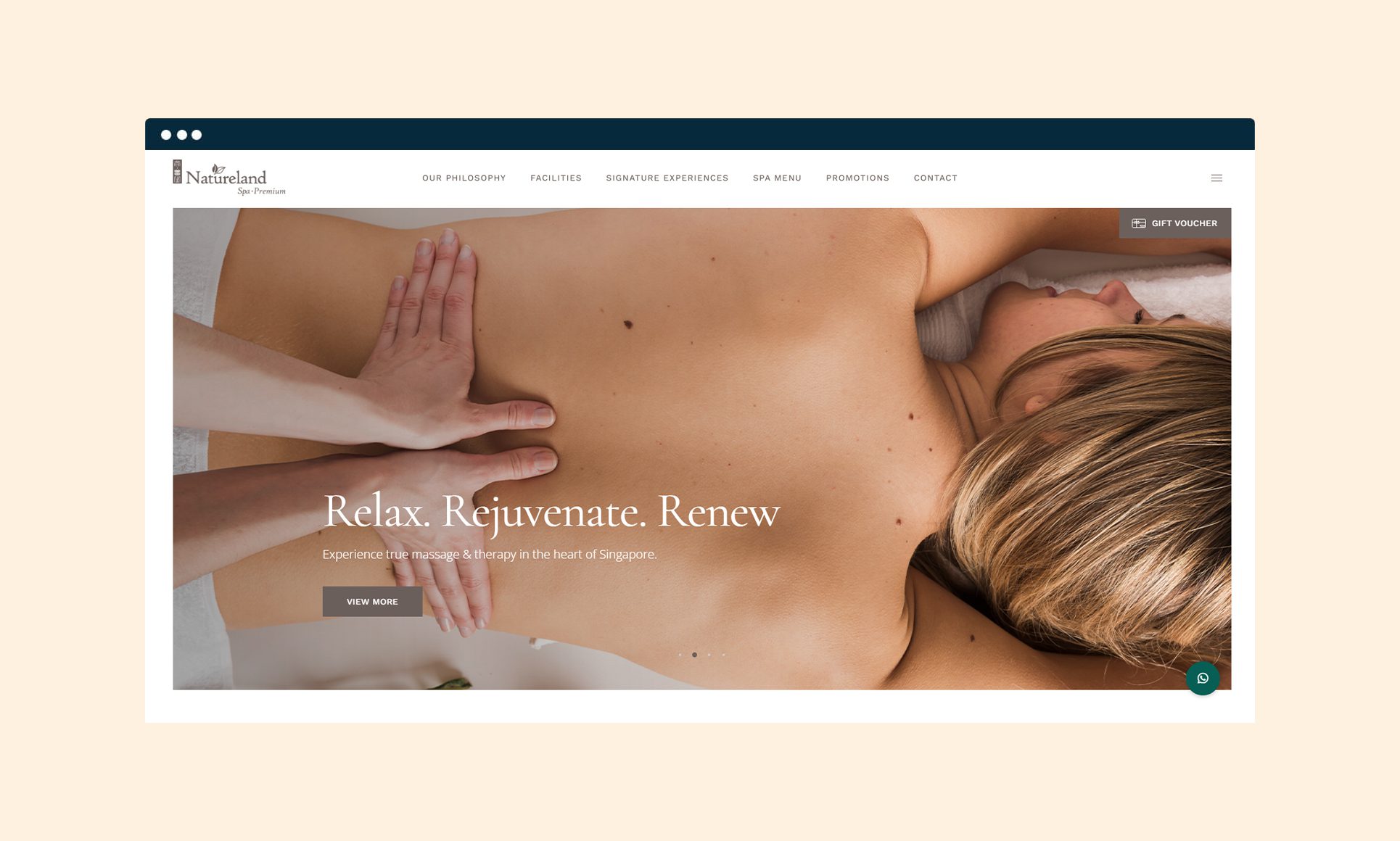 Website showing a spa massage service at Natureland Spa in Singapore.