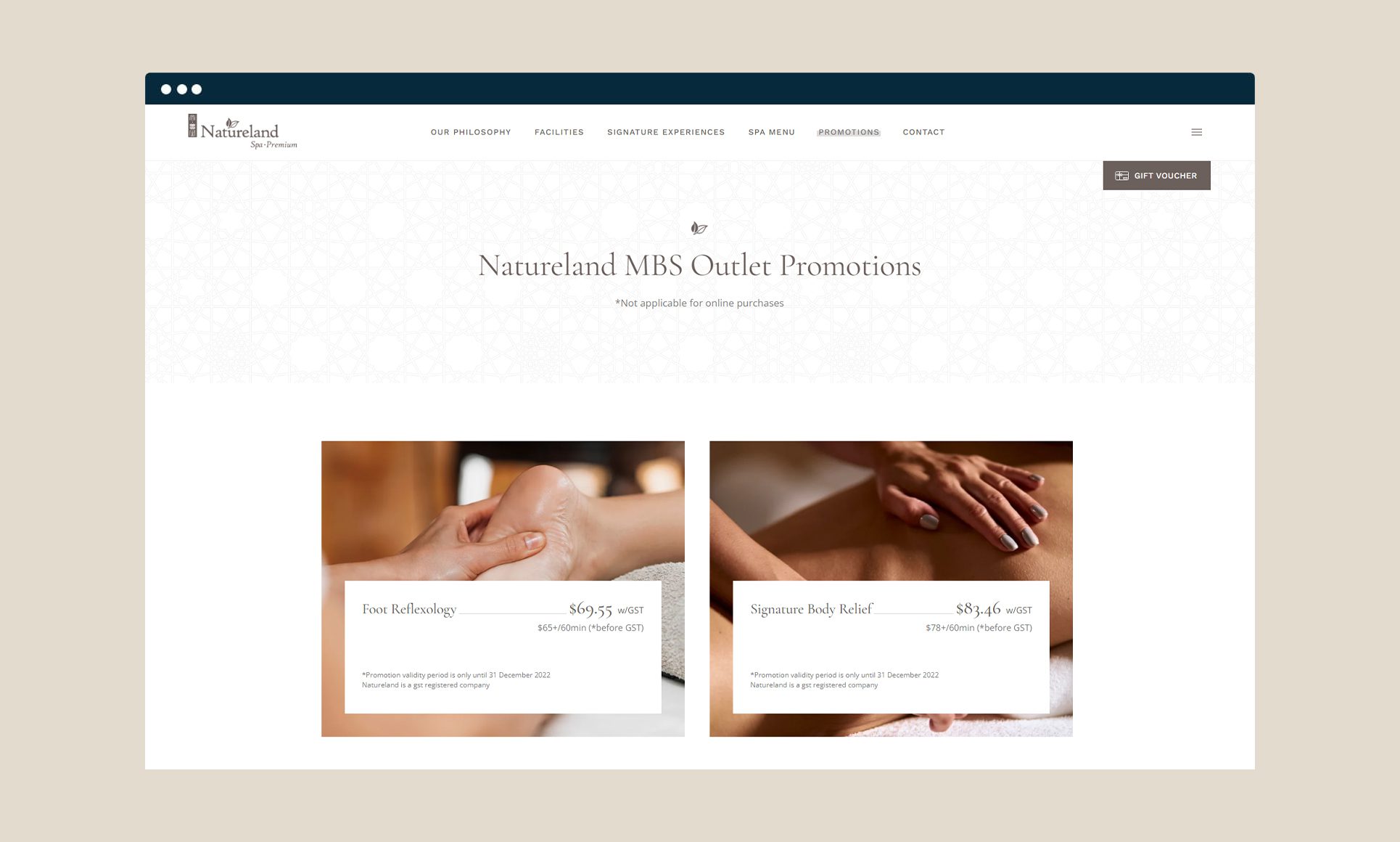 Webpage showcasing massage promotions and services at Natureland Spa Premium.