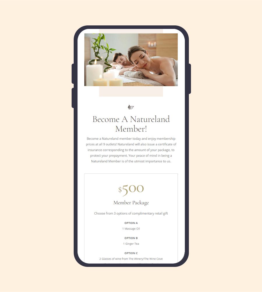 Mobile view of Natureland membership offer with spa image and package details.