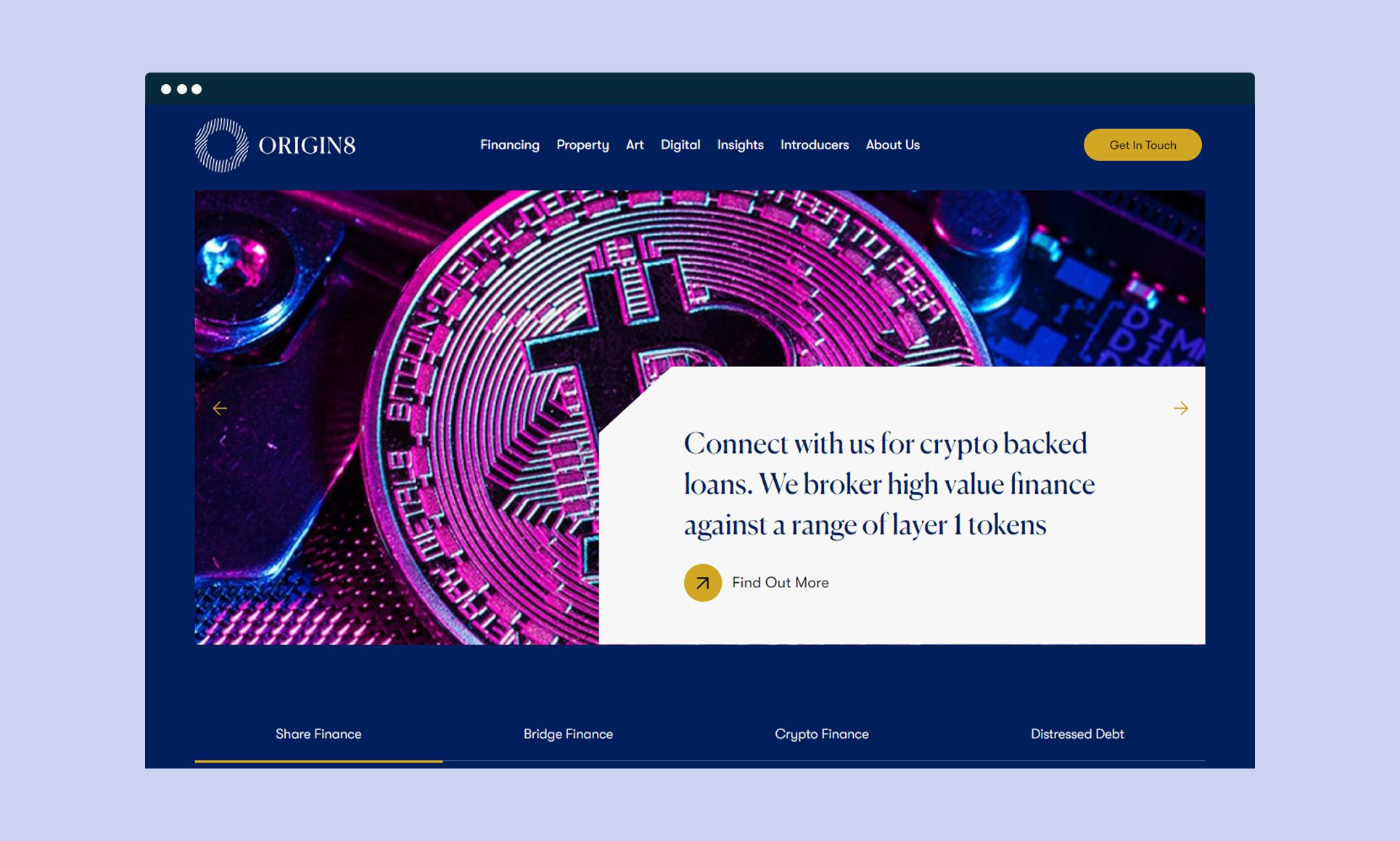 Website interface showcasing cryptocurrency financial services.