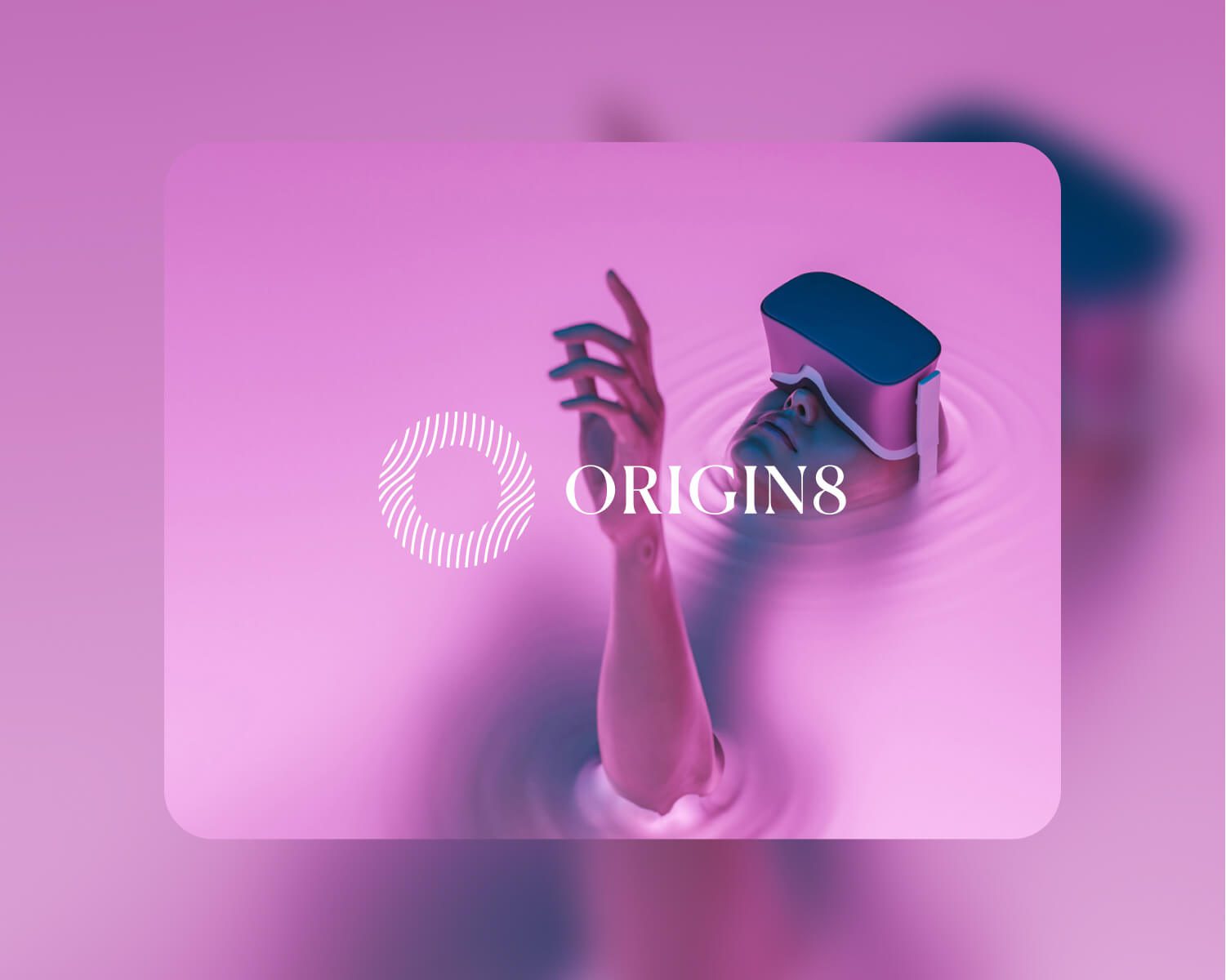Person with VR headset in pink water under Origin8 logo in digital design.
