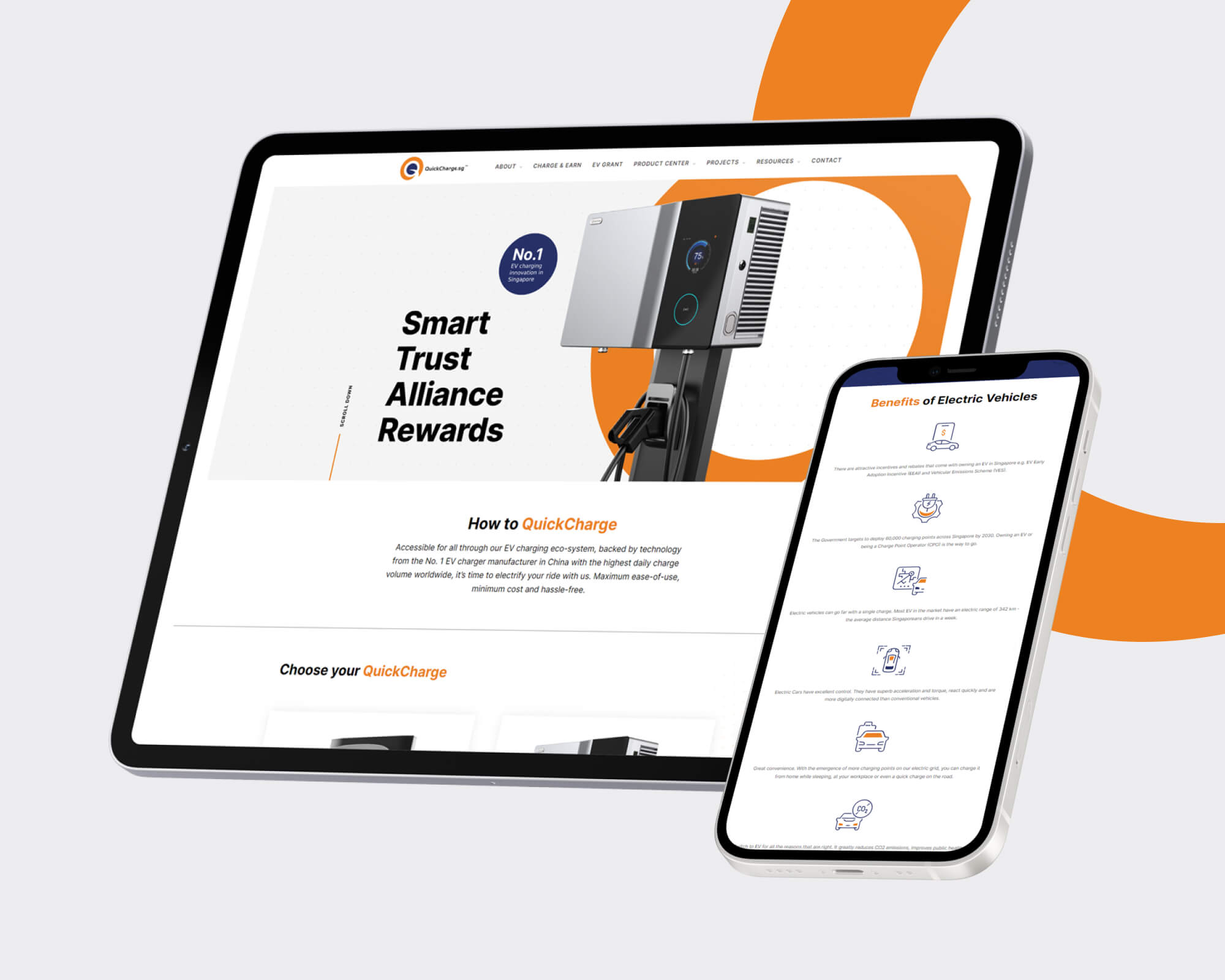 Modern web design showcasing EV charging solutions on tablet and smartphone screens.
