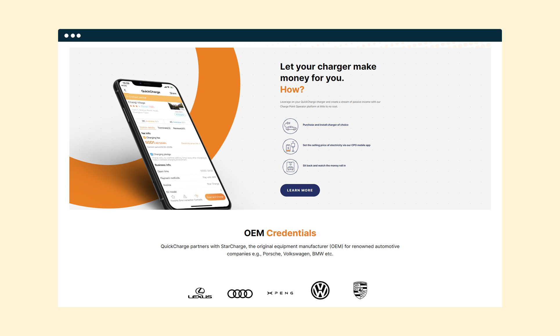 Web page showcasing QuickCharge charger installation and income benefits.