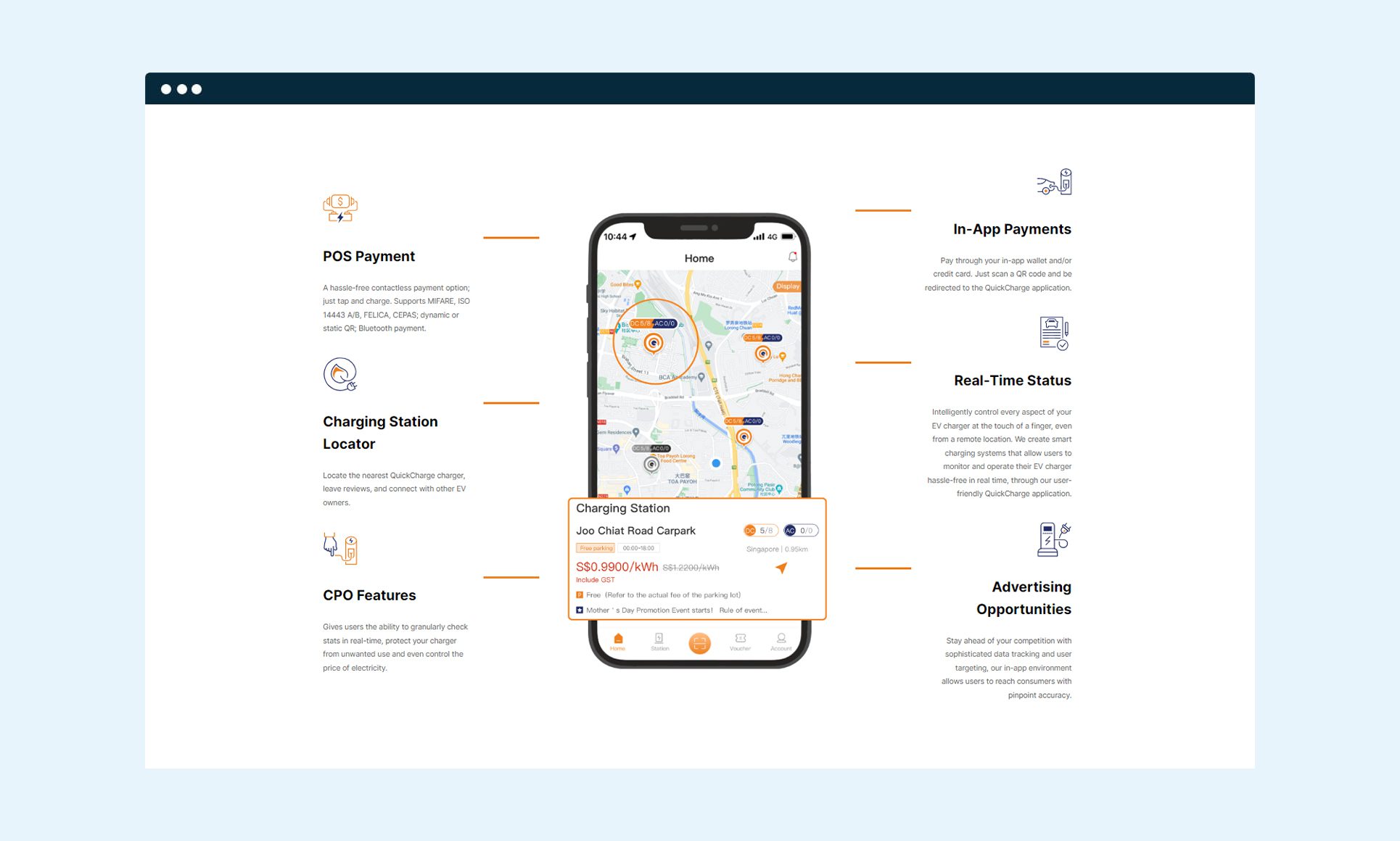 Mobile app interface showcasing charging station locator and payment options.