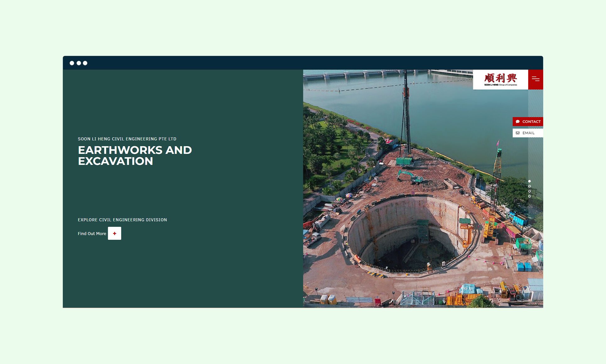 Web design showcasing earthworks and excavation project near a waterbody.