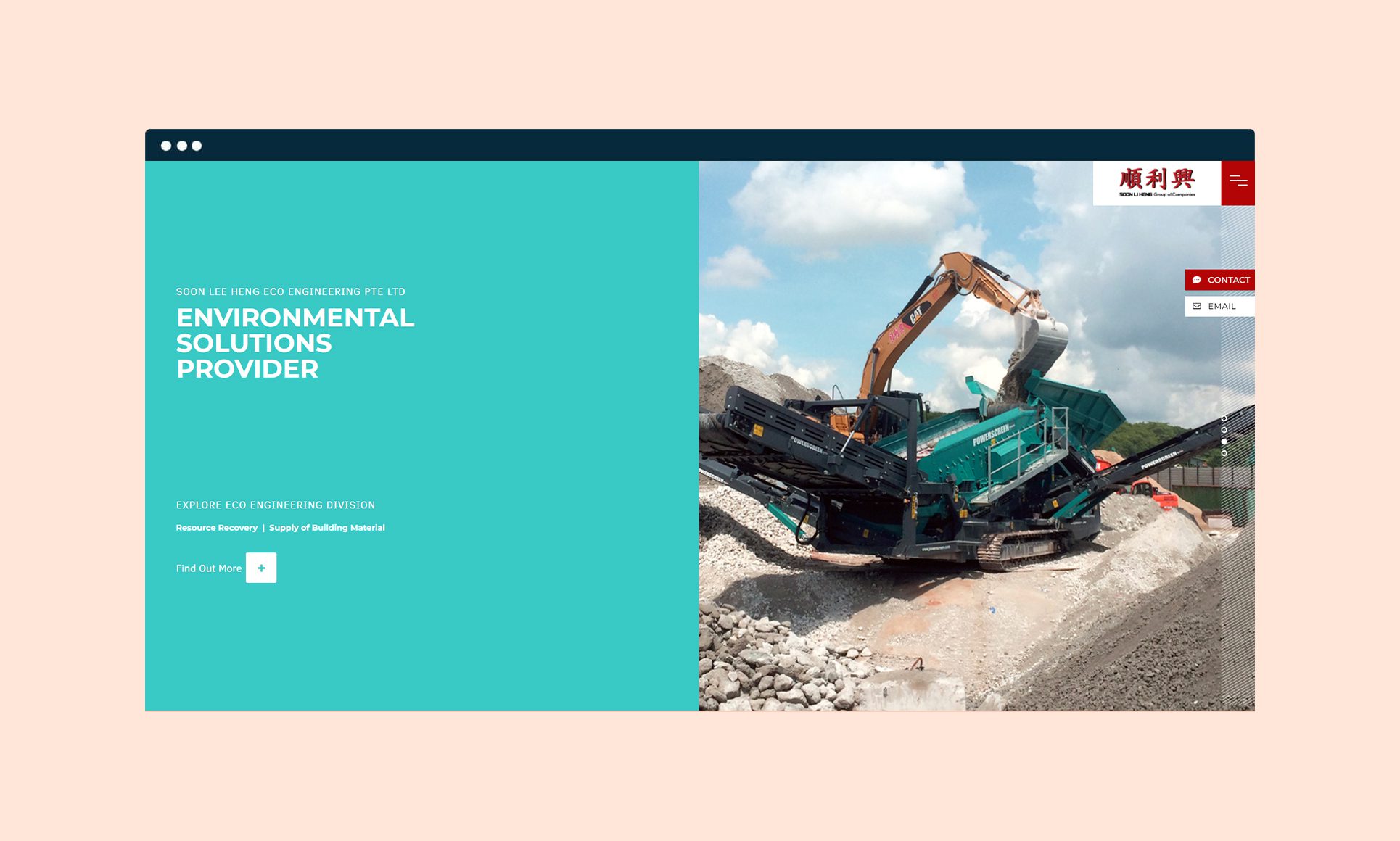 Webpage design showcasing environmental solutions and heavy machinery.