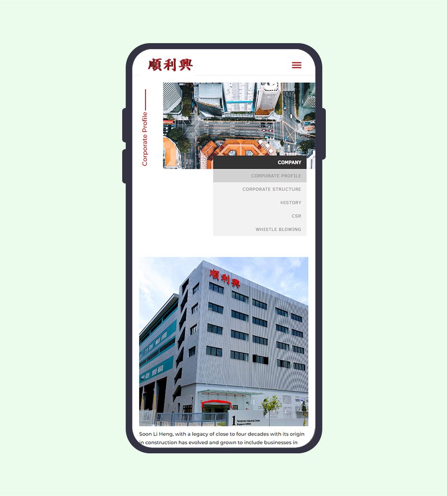 Mobile-friendly web design displaying a corporate profile layout in Singapore.