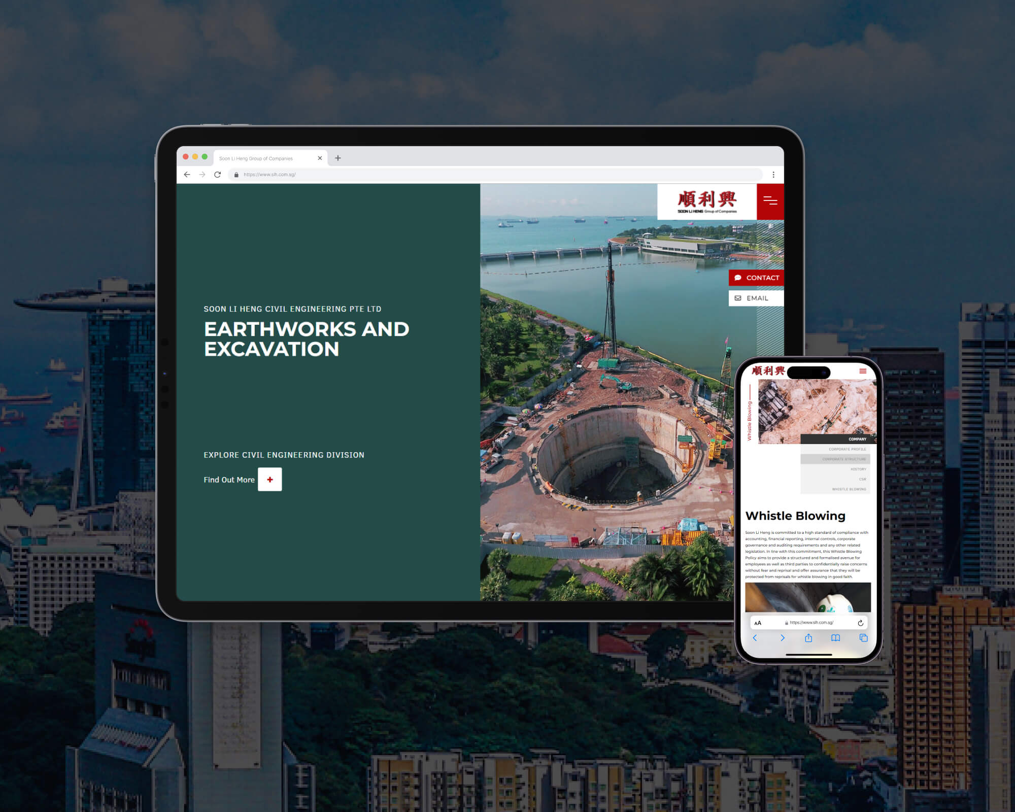 A tablet and phone displaying a civil engineering company's website in Singapore.