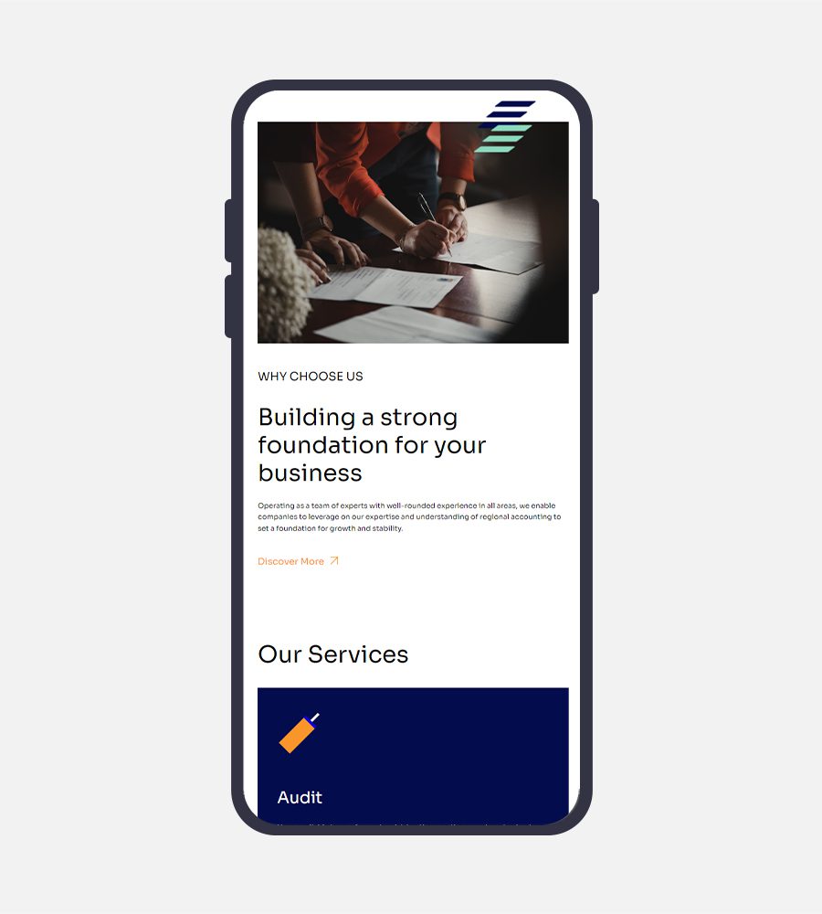 Smartphone displaying a business website with a focus on strong foundations.
