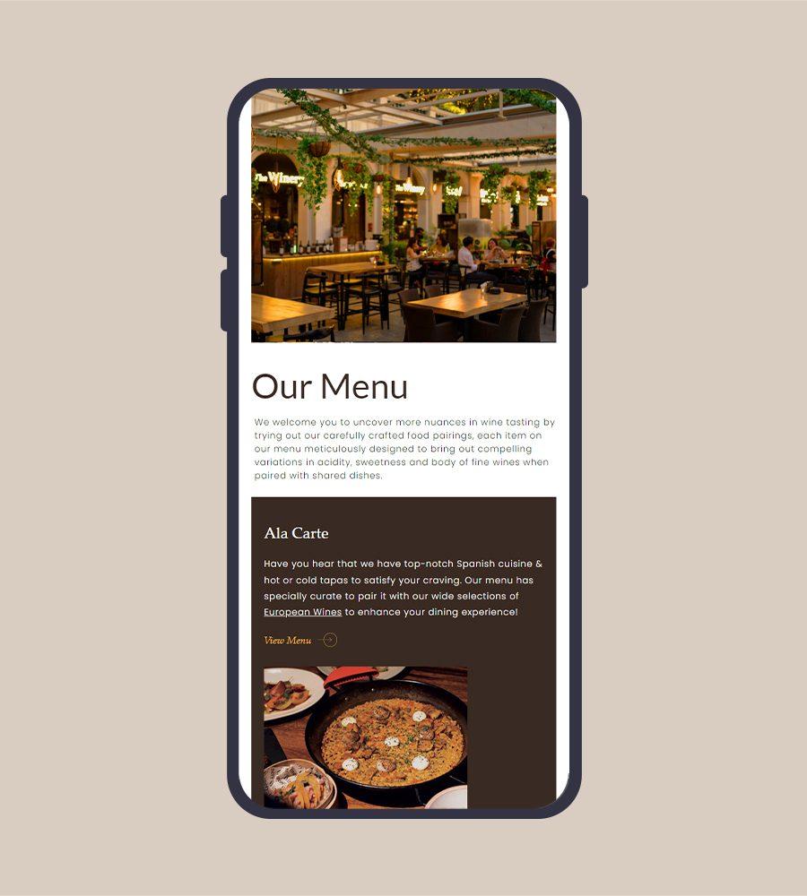 Mobile view of an attractive restaurant menu design for a Singapore website.
