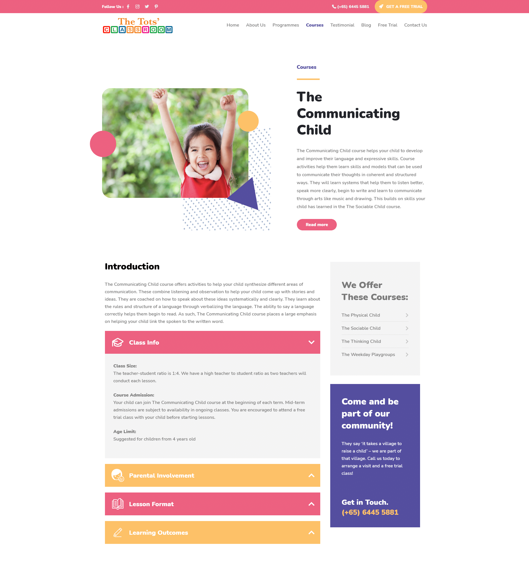Web page highlighting a course for children's communication skills development.