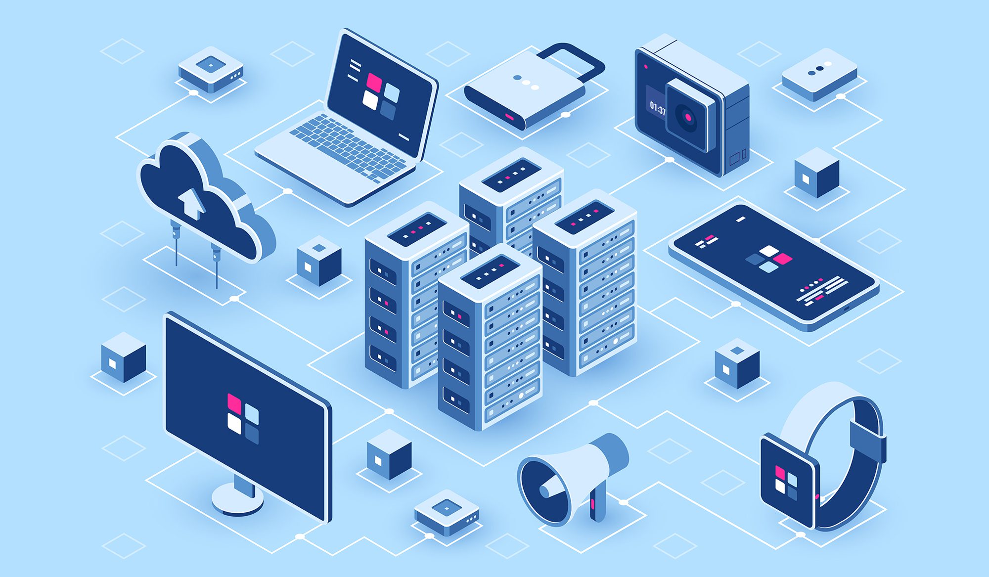 Illustration of technology devices connected in a digital network environment.