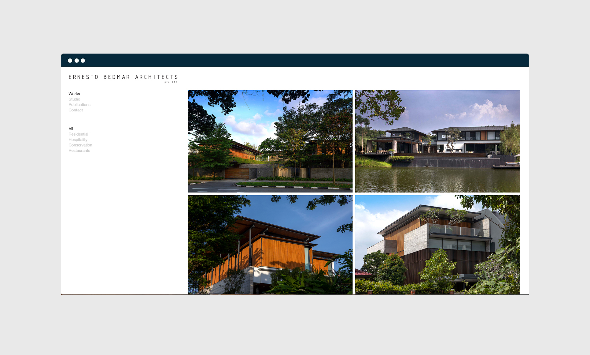A modern architecture website showcases residential and hospitality projects.