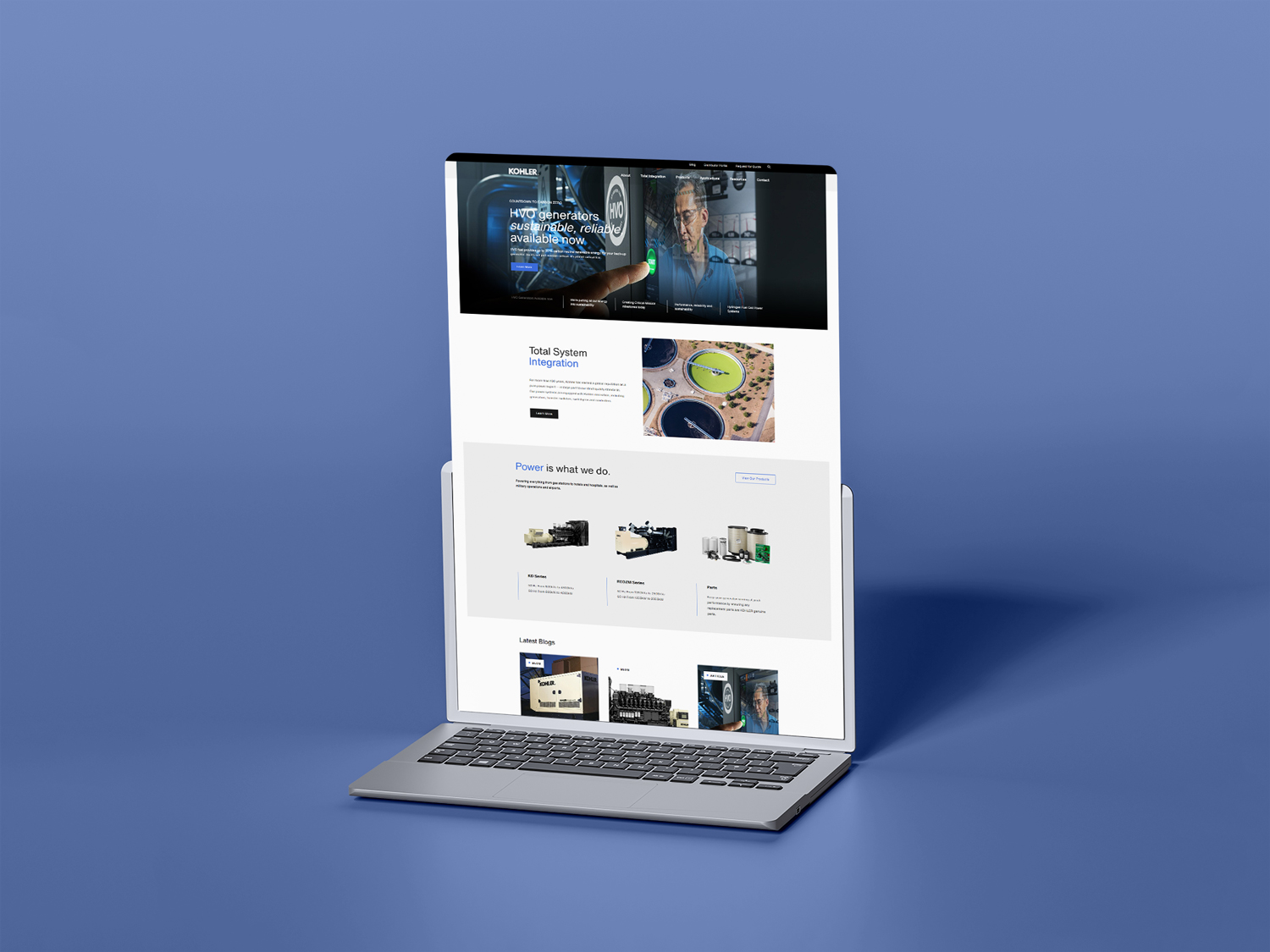 A laptop displaying a modern web design against a sleek blue background.