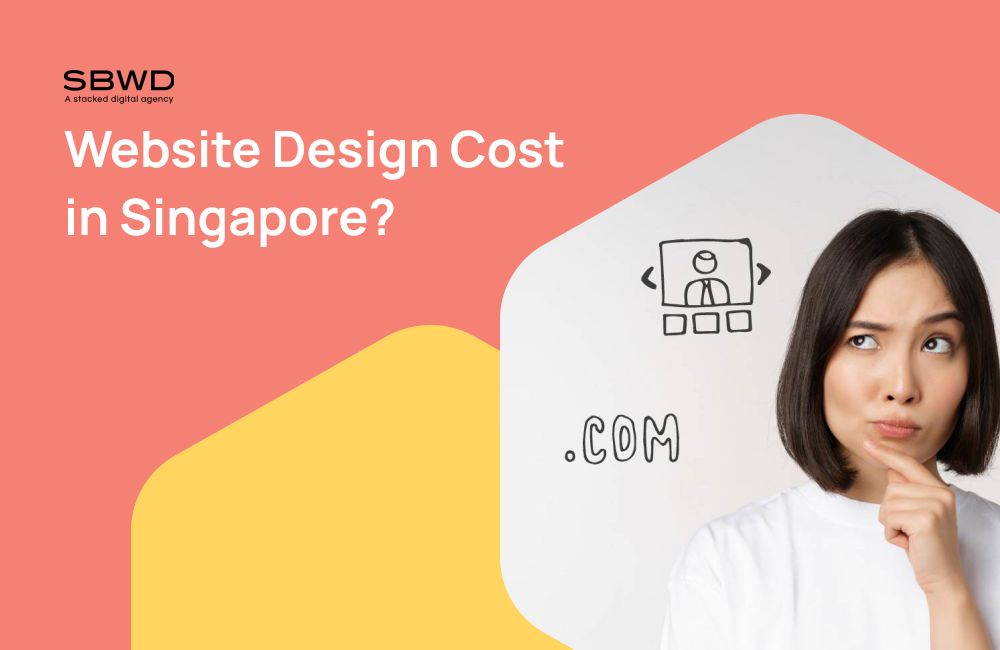 Woman pondering website costs with graphic elements and colorful background.