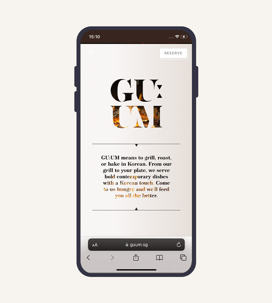 Mobile view of a restaurant website with modern typography and design.