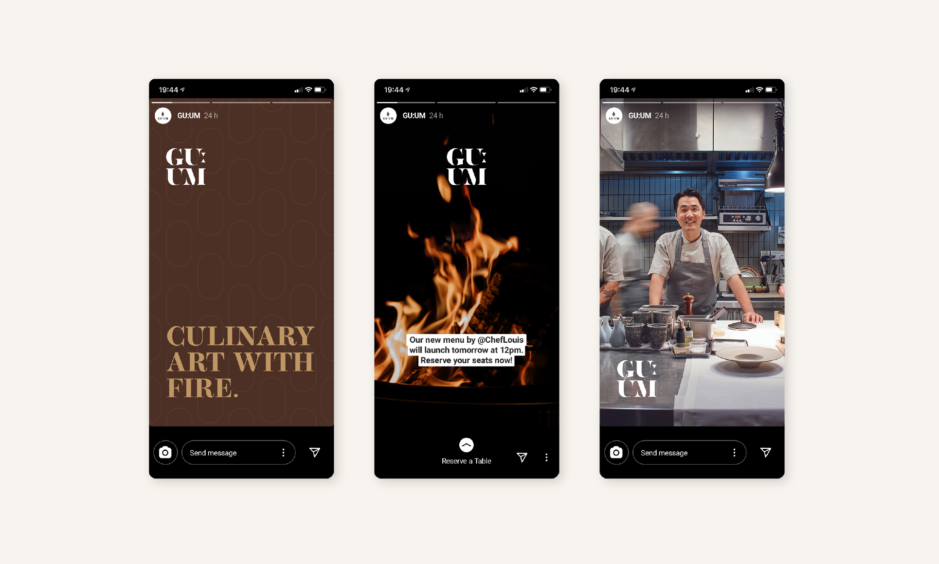 Mobile screens showcasing a restaurant's culinary theme and chef.