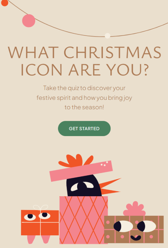 Christmas-themed quiz invitation with playful gift graphics.