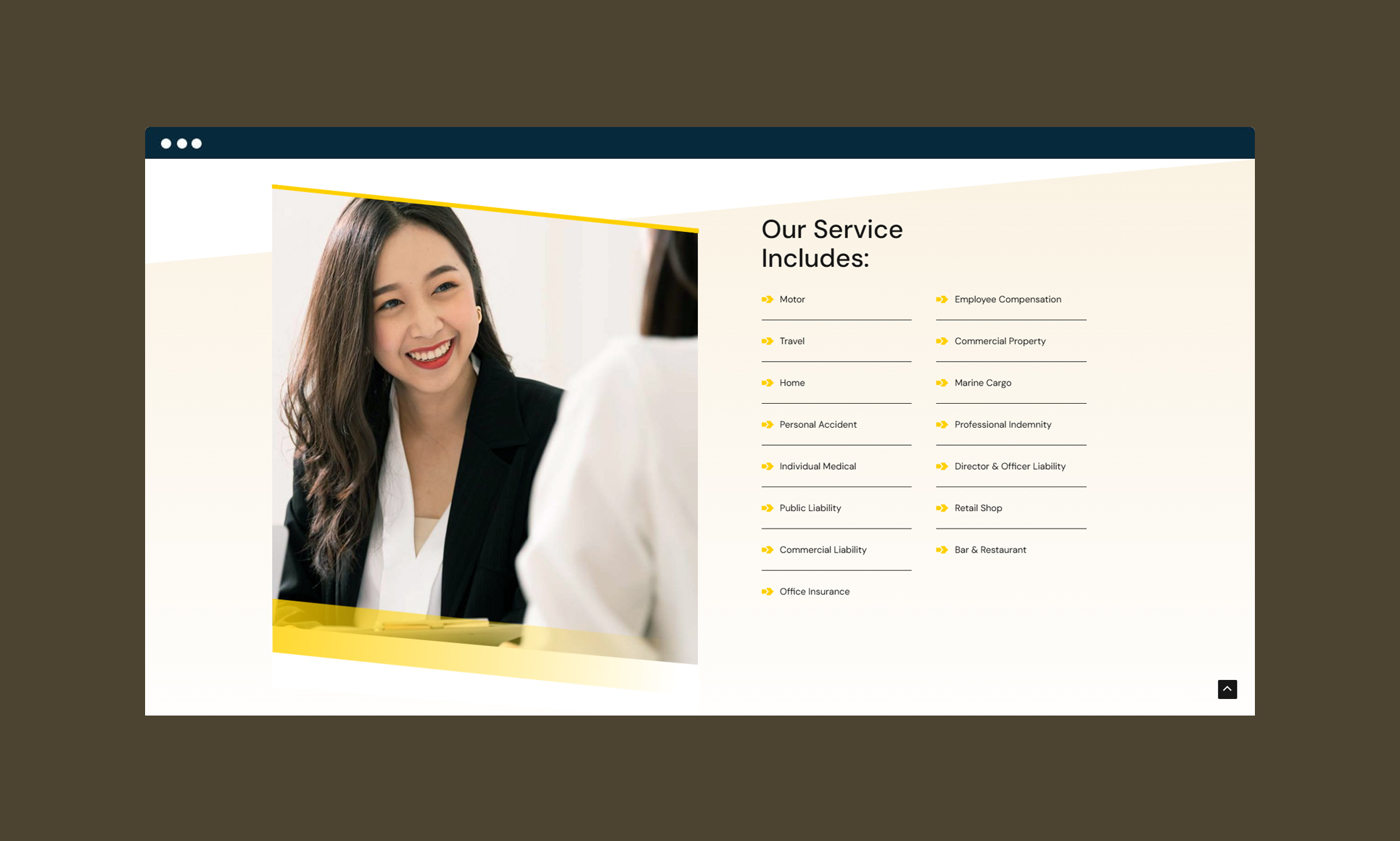 Woman smiling across a table with a list of diverse services on the right.