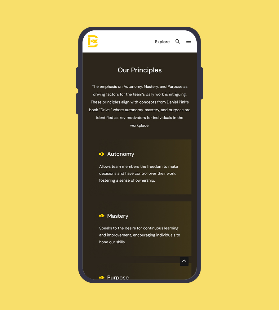 Mobile view of a web page showcasing principles of a Singapore design firm.