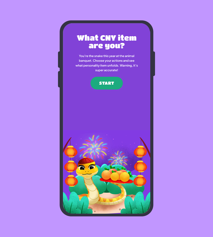 Mobile interface for a Chinese New Year personality quiz app with festive design.