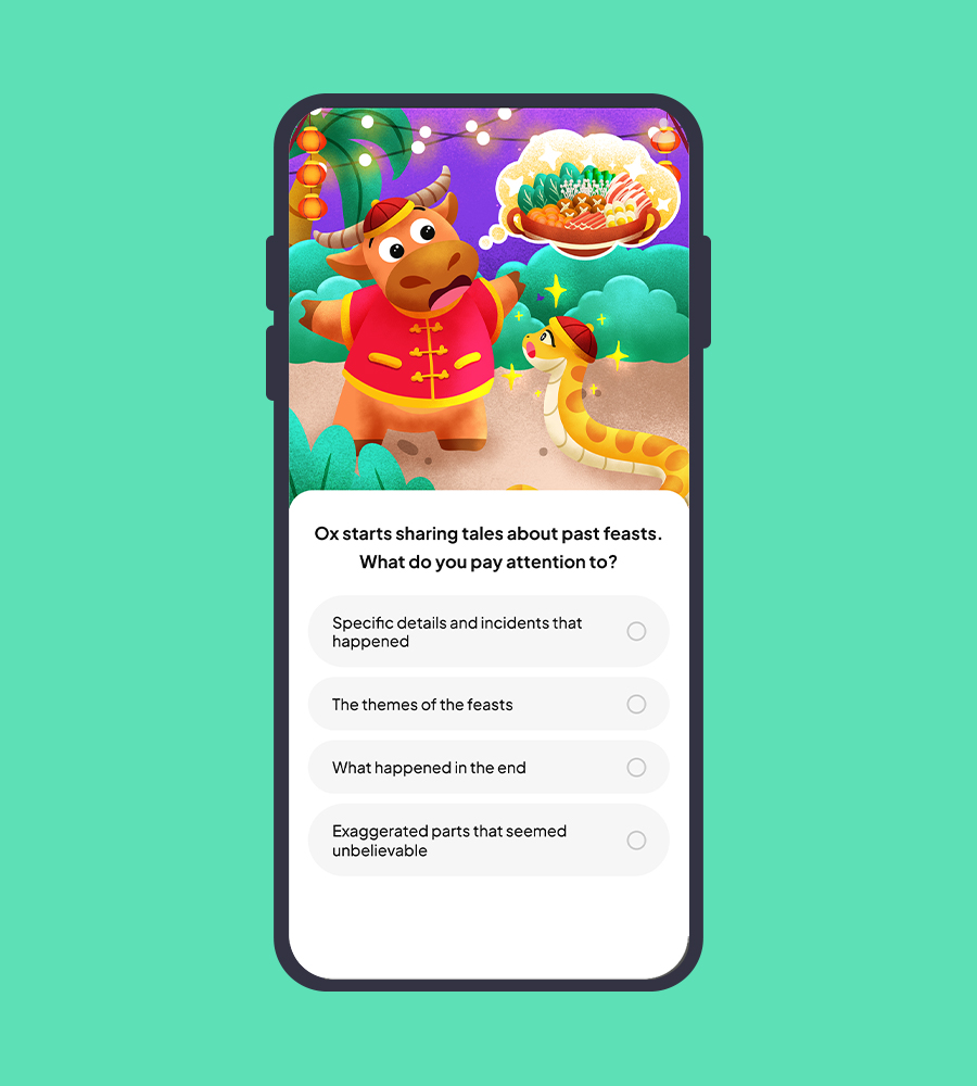 A cartoon ox shares feast stories on a smartphone screen with a green background.
