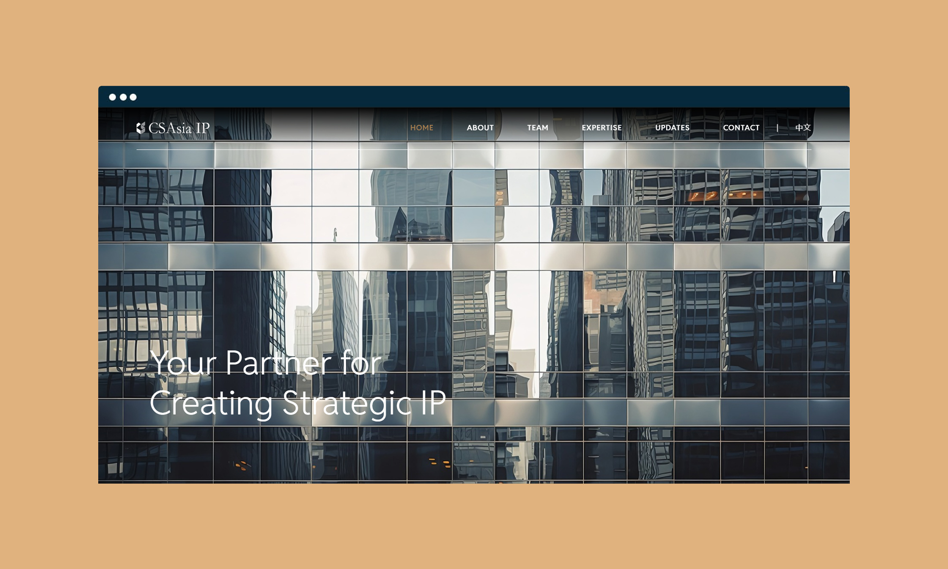 Modern website homepage design featuring urban reflections on glass windows