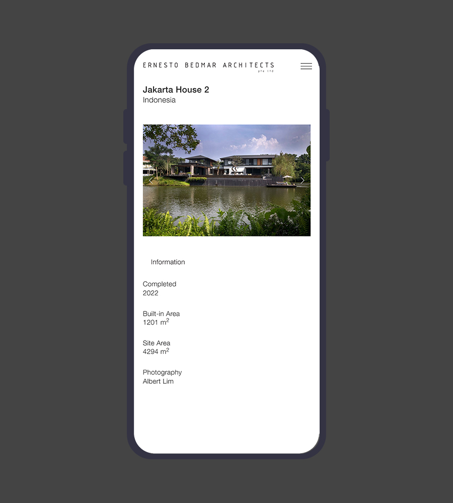 Mobile view of a sleek architecture website for Jakarta House 2 project.