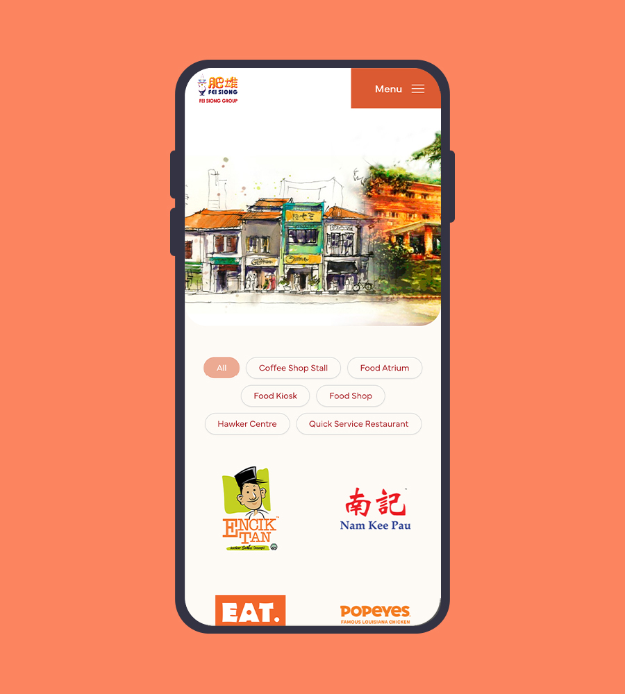 Mobile-friendly website design showcasing colorful Singaporean eateries.