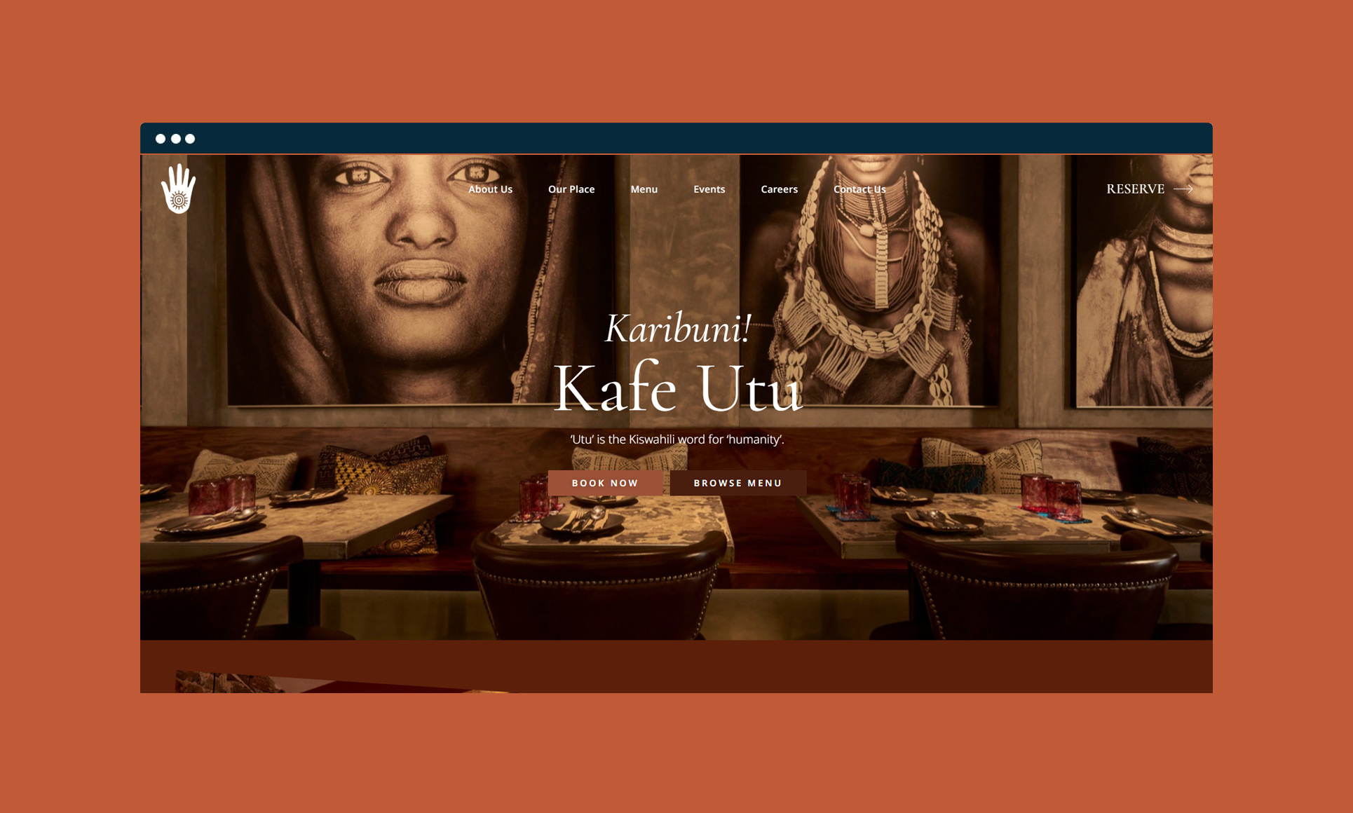 Stylish café website design featuring cultural artwork and inviting dining setup.