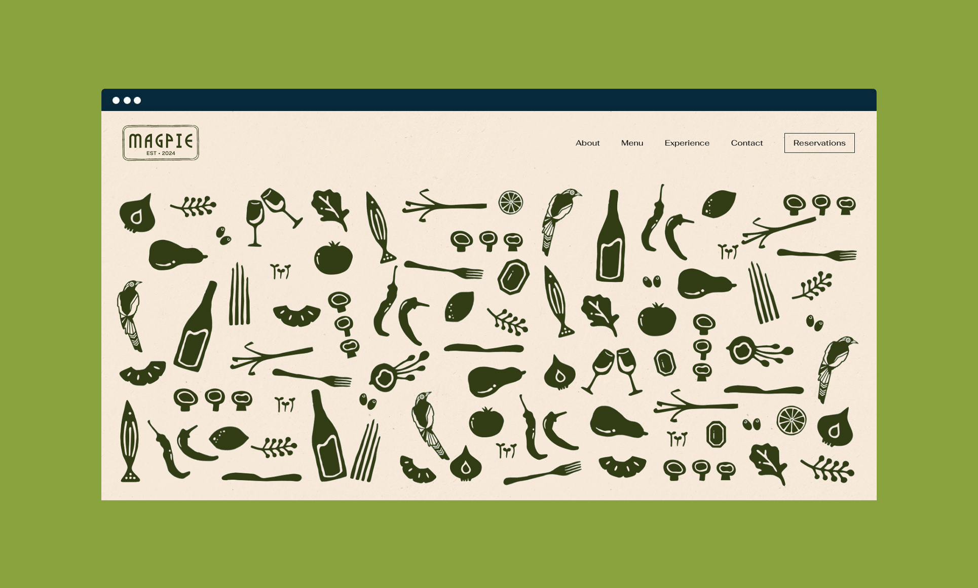 Stylish restaurant web design with food icons and simple navigation menu.