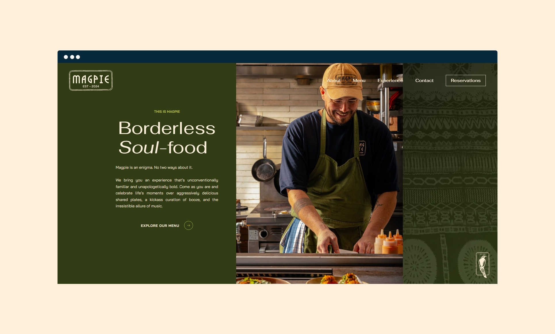 Webpage showcasing a chef preparing meals at Magpie restaurant.