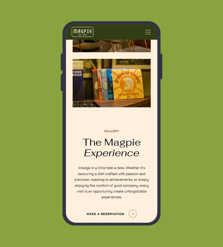 Mobile view of a restaurant website showcasing the dining experience.