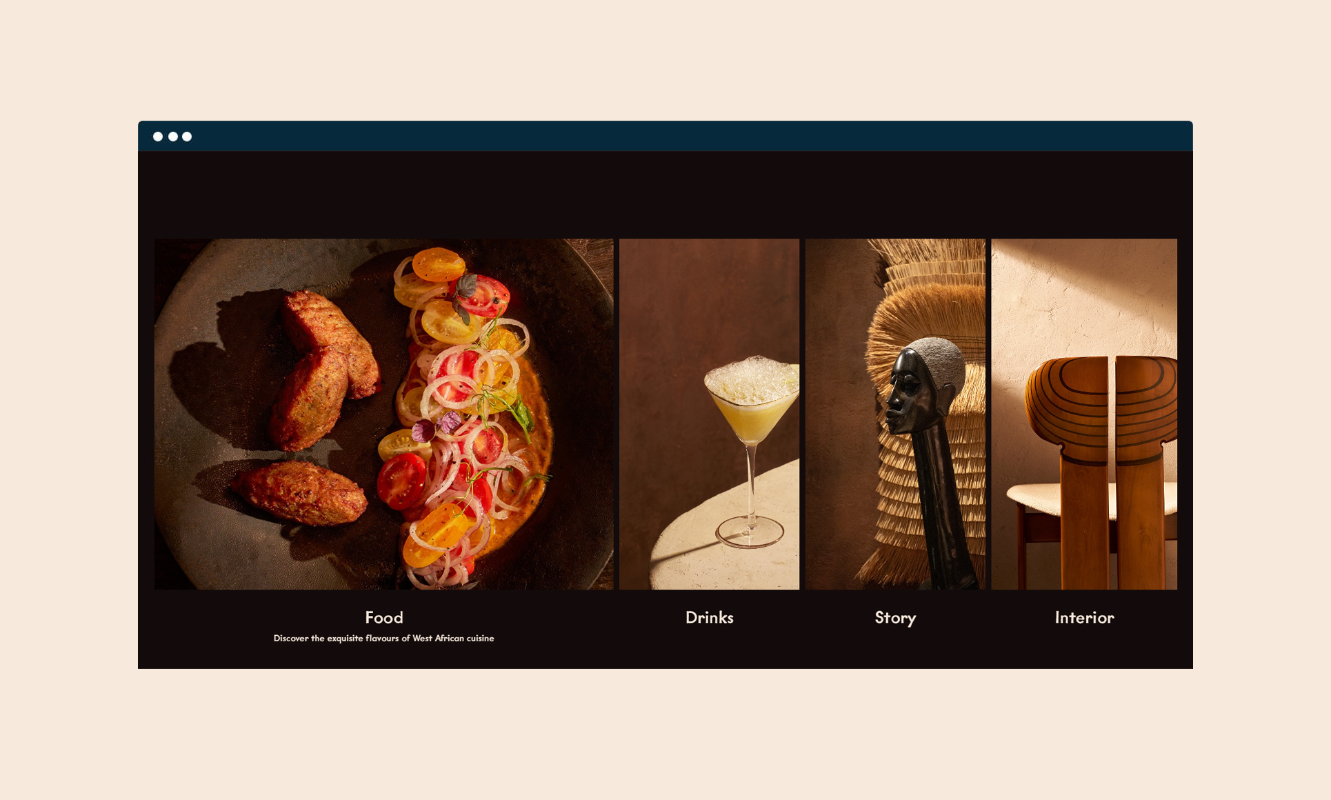 Modern web design showcasing diverse elements of cuisine, drinks, and decor.