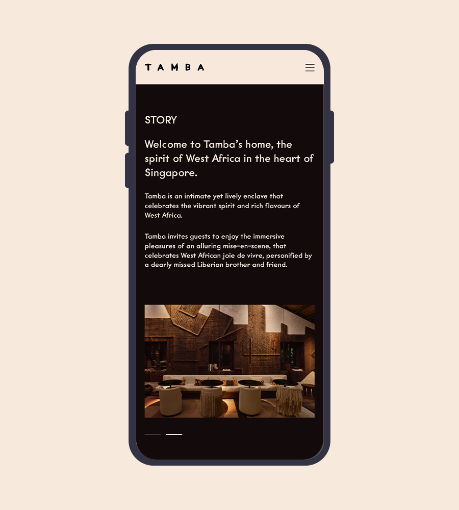 Mobile website design showcasing Tamba's West African inspired restaurant in Singapore.