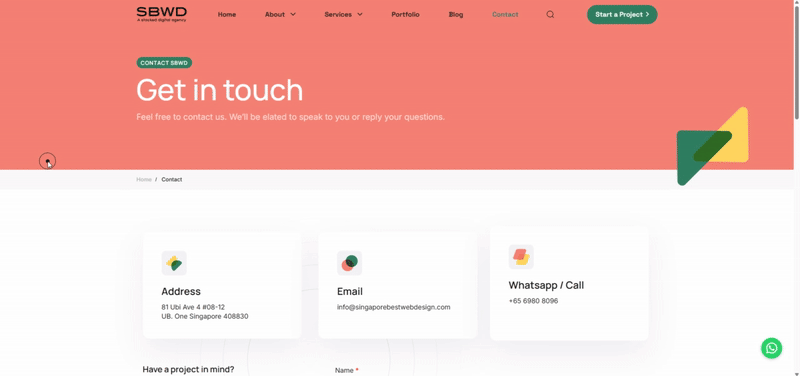 Contact information for Singapore-based SBWD web design services page.