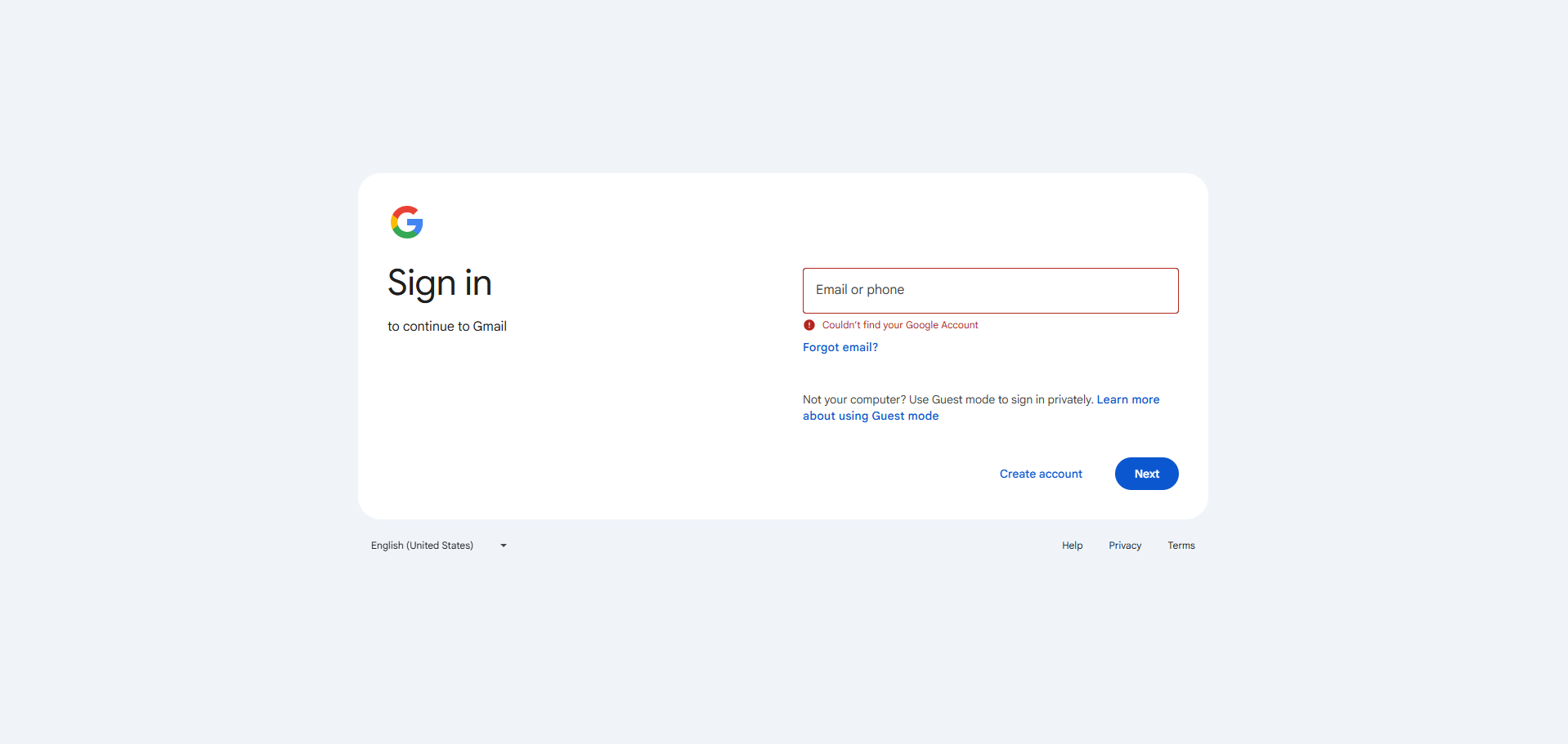 Google account sign-in page with an email input field and a Next button.